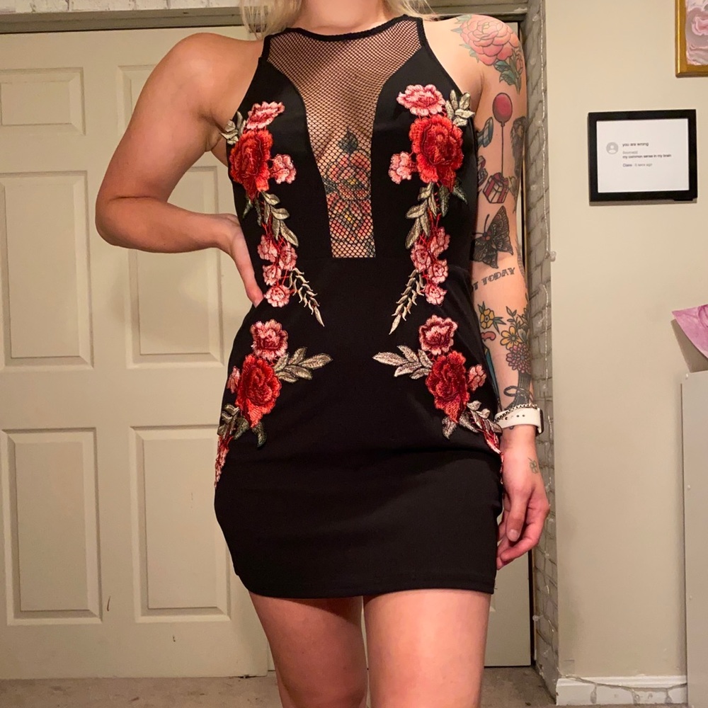 Rose and mesh mini dress